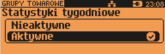 1 4. K o n f i g u r a c j a f u n k c j i Statystyki grup towarowych Funkcja ta umożliwia wyłączenie lub włączenie aktywności rocznych i/lub tygodniowych statystyk grup towarowych.