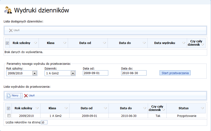 Wydruk zbiorczy Prócz wydruków pojedynczych stron dziennika, istnieje możliwość wygenerowania zbiorczego wydruku całego dziennika lekcyjnego klasy. W tym celu w module Wydruki należy kliknąć.