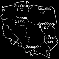 22. Na mapie przedstawiono temperatury, jakie odnotowano 20 maja w wybranych miastach Polski. Korzystając z danych na mapie, uzupełnij zdania. Taka sama temperatura była w.. i.