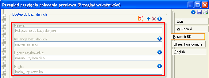 Przykład konfiguracji wskaźnika pobierającego dane z bazy danych Dla danych pobieranych z bazy danych należy zdefiniować: (dla obiektu Wskaźnik) Odpowiednie zapytanie SELECT (a) (dla obiektu Przegląd