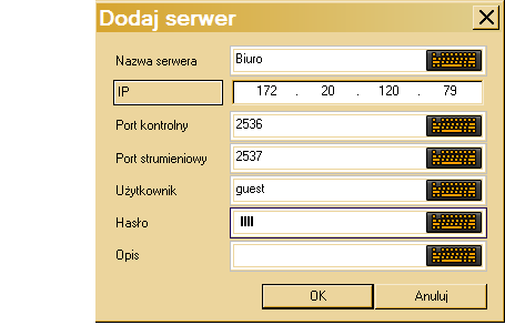 W oknie ustawień należy wcisnąć przycisk Dodaj i w dodatkowym okienku wpisać parametry rejestratora: Nazwa serwera: dowolna nazwa pozwalająca łatwo rozpoznać rejestrator w przypadku kiedy na liście