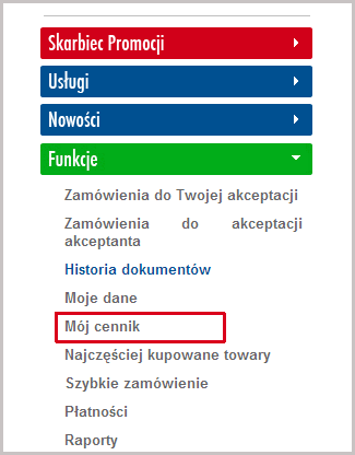 3.2. Mój cennik koszyk produktów Klienci, dla których został przygotowany koszyk produktów (indywidualna oferta) mogą zapoznać się z jego zawartością w menu Funkcje -