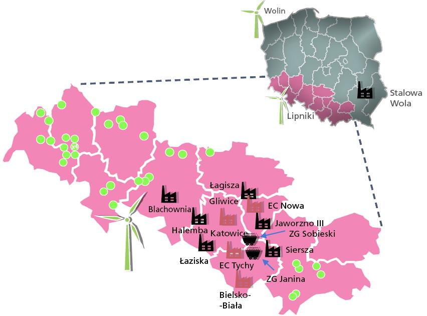 Aktywa Grupy TAURON Elektrownie wodne Kopalnie węgla kamiennego Obszar dystrybucyjny Grupy TAURON Farmy wiatrowe Elektrownie węglowe Elektrociepłownie węglowe Kluczowe dane operacyjne Roczne