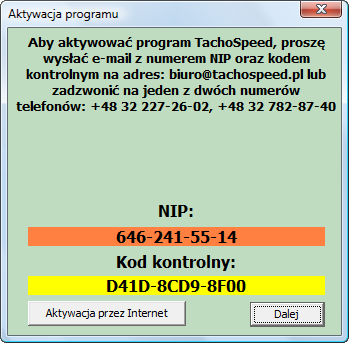 Po wciśnięciu przycisku Dalej pojawia się okno aktywacyjne z wpisanym numerem NIP oraz kodem kontrolnym. W celu dokonania aktywacji programu należy kliknąd w przycisk Aktywacja przez Internet.