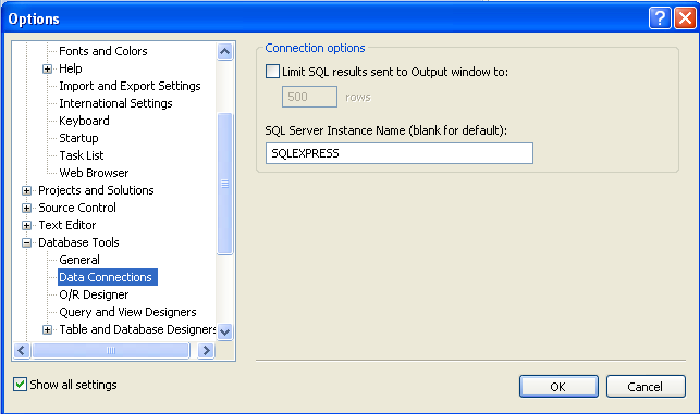 2. Sprawdzenie konfiguracji Visual Studio w zakresie współpracy z SQL Server Express (Tools Options). Ćwiczenie 1 Celem ćwiczenia jest przygotowanie prostej aplikacji ASP.