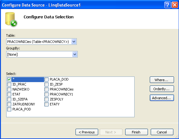 } select...); GridView1.DataSource = emps; GridView1.