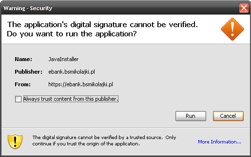 Dodatkowo na ekranie może pojawić się ostrzeżenie: Okna zawiera opis certyfikatu systemu JAVA.