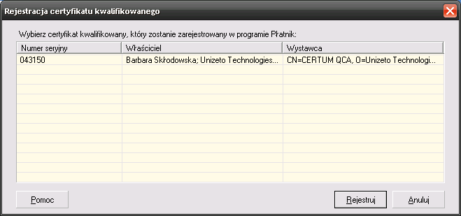 3.4. Okno wyboru certyfikatu, który należy zarejestrować W tym miejscu należy wybrać certyfikat, którego numer seryjny zapisaliśmy wcześniej.