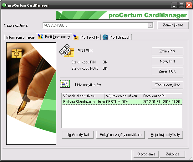 2.2. Odczytanie danych z profilu bezpiecznego Po poprawnej weryfikacji karty (pojawi się numer seryjny karty kryptograficznej), należy przejść do Profilu bezpiecznego (klikając lewym klawiszem myszy