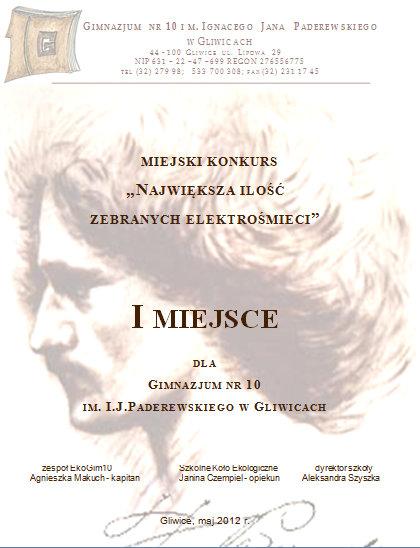 8. I miejsce w miejskim konkursie Największa ilość zebranych elektrośmieci organizator: Gimnazjum 10. 9.