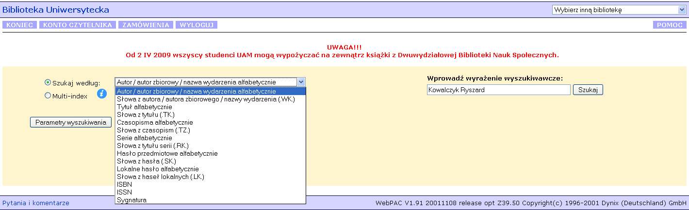 Z rozwijanej listy wybieramy odpowiedni indeks, np.