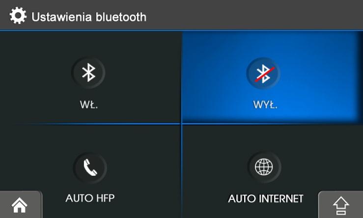 Bluetooth ustawienia Włączenie Bluetooth Wyłączenie Bluetooth Automatyczne włączanie zestawu głośnomówiącego Automatyczne włączanie połączenia z Internetem (DUN) Przycisk AUTO HFP pozwala na