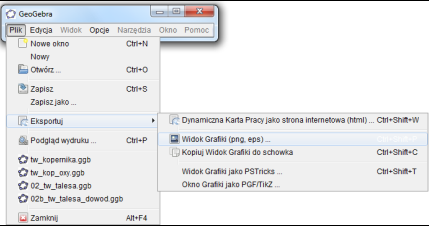 Eksportowanie obrazka do schowka pamięci Obszar roboczy GeoGebry może być eksportowany jako obrazek do schowka pamięci komputera.