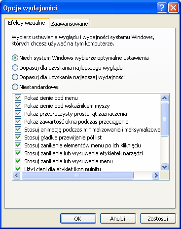 Dostosuj efekty wizualne Po wybraniu zadania Dostosuj efekty wizualne na ekranie wyświetlone zostanie okno Opcje wydajności (rysunek 11.9).