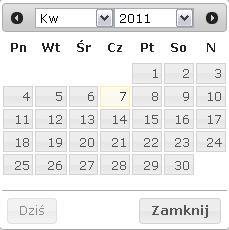 Rysunek 3 Kalendarz 1.3.2.2 Słowniki Część pól występujących w systemie jest wypełniana automatycznie po kliknięciu na wybranej pozycji w tym polu, np.
