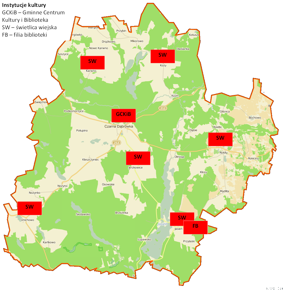 Strona24 Rycina 23 Lokalizacja publicznych instytucji kultury na terenie Gminy Czarna Dąbrówka w 2014 r Źródło: opracowanie własne W Gminnym Centrum Kultury i Bibliotece regularnie odbywają się: