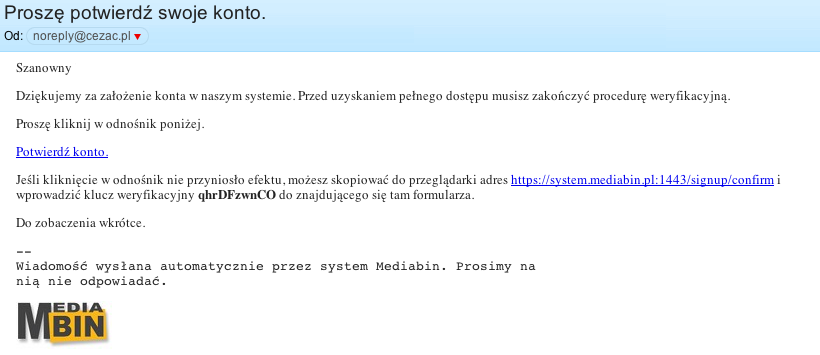 Proces rejestracji nowego użytkownika. Rejestracja nowego konta rozpoczyna się od wejścia na stronę systemu Mediabin https://system.mediabin.pl.