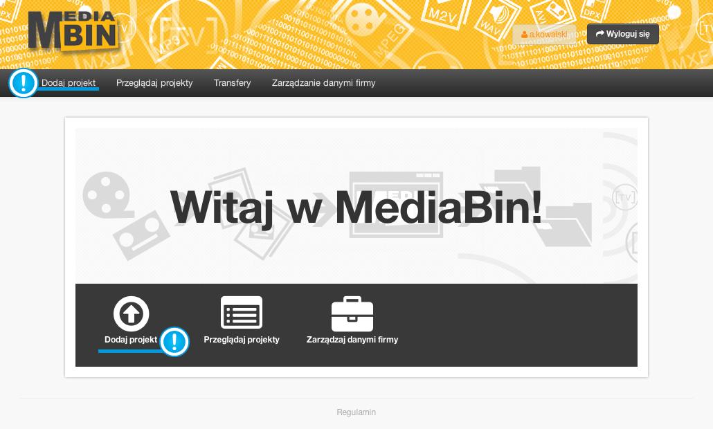 Dodawanie nowego projektu. Po zalogowaniu się na swoje konto należy wybrać opcje Dodaj projekt (wygląd systemu Mediabin po zalogowaniu się klienta,patrz obrazek poniżej).