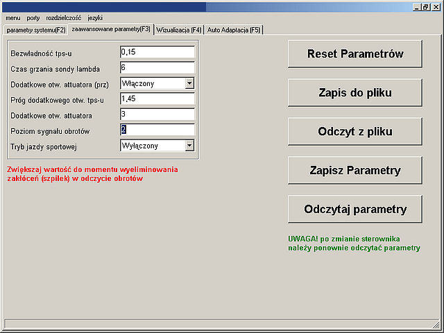 7. Parametry zaawansowane Widok parametrów zaawansowanych 1. Bezwładność TPSu określana jest jako wartość tolerancji dla wahań tpsu po przekroczeniu której nastąpi zmiana położenia silnika krokowego.