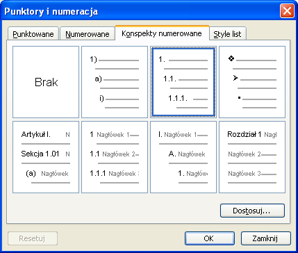 Rys. 8. Wybór sposobu numerowania konspektu (źródło: zrzut ekranowy) Kolejne zadanie to określenie atrybutów stylu. Zasady doboru wartości omówiono w drugiej części opracowania.