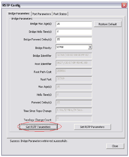 [Redundantny moduł Ethernet] Seria Px30 28 Parametry mostu Aby obejrzeć lub konfigurować parametry mostu RSTP w oknie głównym zaznacz wybraną REB i naciśnij przycisk RSTP Config.