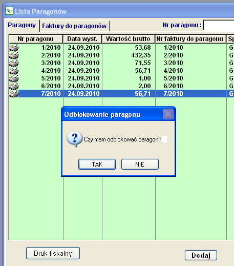 7 WYSTAWIANIE PARAGONU Wybieramy Sprzedaż/Paragony. Pojawia się zestawienie paragonów w ramach roku. Paragony sortowane są wg numeru. Przycisk /Drukuj fiskalny/ powoduje wydruk paragonu.