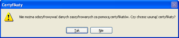 5. Przejdź do zakładki Osobisty. 6. Zaznacz certyfikat i naciśnij przycisk Usuń. RYS. 27 7. Zaakceptuj następny komunikat naciskając TAK. RYS. 28 Certyfikat powinien zniknąć z listy dostępnych certyfikatów.