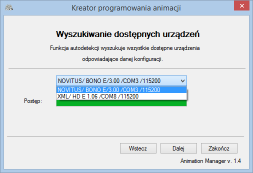 Jeżeli wybraną przez nas metodą połączenia był port USB lub RS232 kolejnym krokiem jest ustawienie konfiguracji portu.