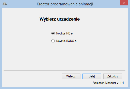 Na starcie aplikacji pojawia się informacja o tym, że zaleca się wysyłanie animacji za pomocą portu USB lub TCP. Kolejnym krokiem jest wybranie typu połączenia.