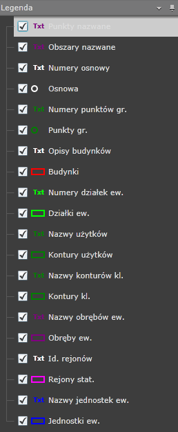 Ponadto, masz dostęp do paneli z legendą, atrybutami warstwy czy obiektami graficznymi. Panele znajdują się po obu stronach mapy.