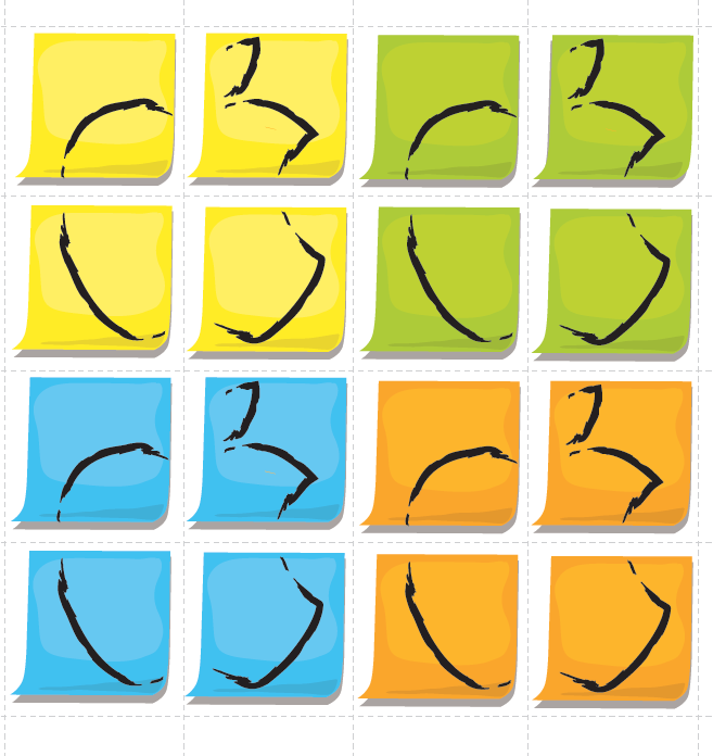 Przygotowanie kolorowych kart do losowania grup Weź zestaw kolorowych kartek w czterech kolorach po maksymalnie cztery w każdym z kolorów (stosowanie do liczby uczniów na zajęciach).