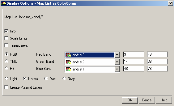 11. Pojawi się okno Display Options Map List as ColorComp. Ustaw jako Red Band landsat3, jako Green Band landsat2, jako Blue Band landsat1. Resztę opcji pozostaw bez zmian. 12.