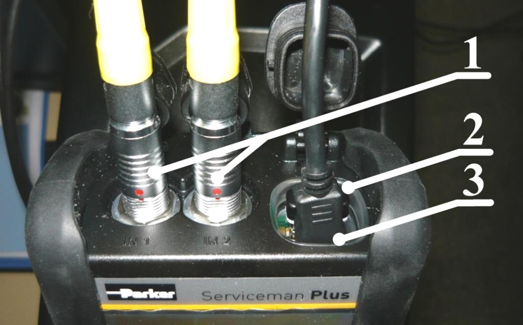 Przyrząd pomiarowy Serviceman Plus model SCM-155-0-02 firmy PARKER Sposób podłączenia poszczególnych elementów, gdzie: 1