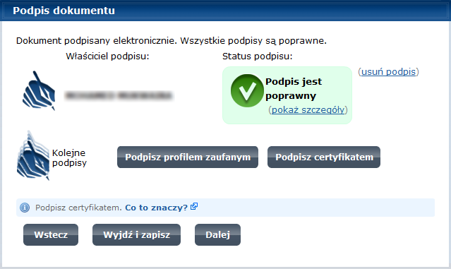 Rysunek 9 Poprawnie podpisany dokument Krok 6. Użytkownik zostaje przeniesiony na ostatni, trzeci krok Kreatora wysyłania dokumentów systemu epuap: Wysłanie dokumentu (Rysunek 10).