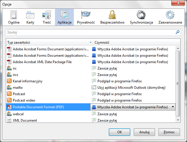 a. Jeśli w kolumnie Czynność jest wybrana wartość Wtyczka Adobe Acrobat (w programie Firefox oznacza to, że aktualna konfiguracja jest poprawna. b.
