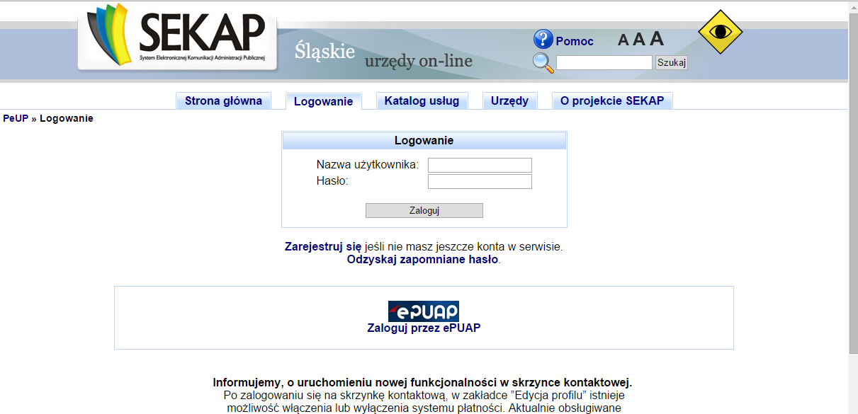 Chcąc wysłać wykaz elektronicznie, na nowo otwartej stronie należy wybrać opcję Wyślij do SEKAP. Otworzy się strona platformy SEKAP z oknem logowania: Uwaga!