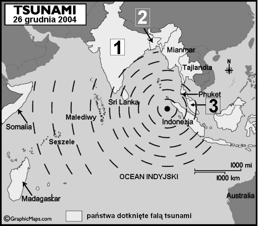 25. Na mapie przedstawiono sytuację z dnia 26 grudnia 2004 roku, kiedy to wybrane państwa Azji Południowo- Wschodniej dotknęła fala tsunami.
