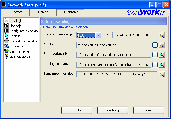 6. Konfiguracja cadwork W oknie Ustawienia w Cadwork Start moŝna skonfigurować program. Na lewo znajdują się poszczególne zakładki, na prawo moŝliwe ustawienia. 6.