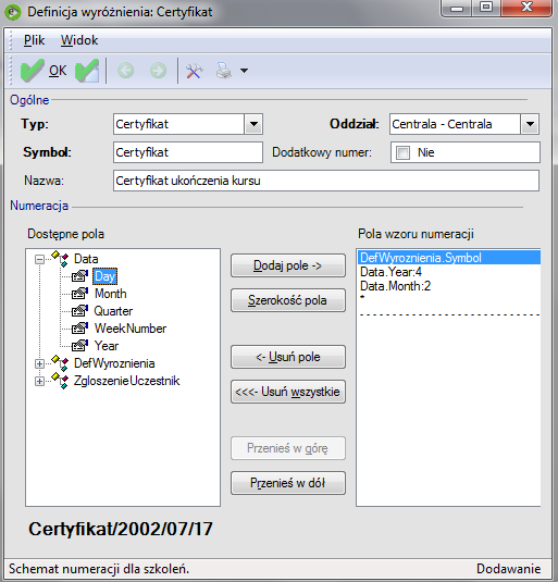 Rys. 13 Definicja certyfikatu. Definicje trybów Lista ta służy do określenia trybów, które będą wykorzystywane na grupach szkoleniowych np.: dzienny, wieczorny, popołudniowy, etc.