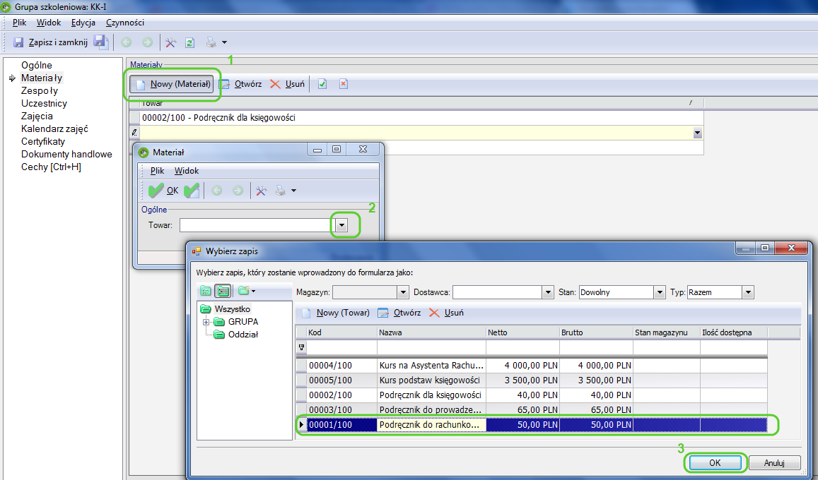 Zakładka Materiały Zakładka Materiały pozwala na wskazanie, które towary z magazynu są wydawane kursantom w ramach prowadzonych zajęć danej grupy szkoleniowej.