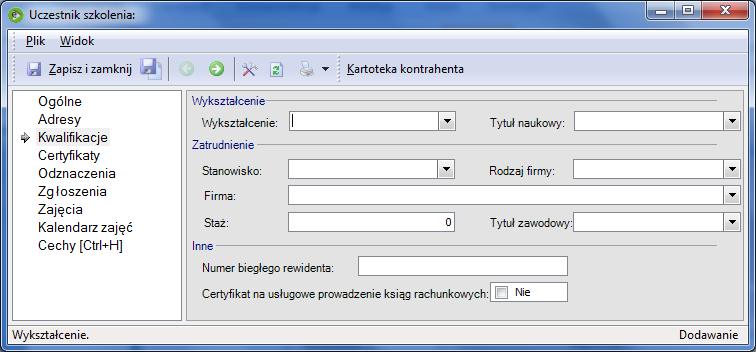 Rys. 41 Uczestnik szkolenia, zakładka Kwalifikacje. Wykształcenie wyższe, średnie, inne itp. Tytuł naukowy mgr, dr itp. Stanowisko księgowa, inspektor itp.