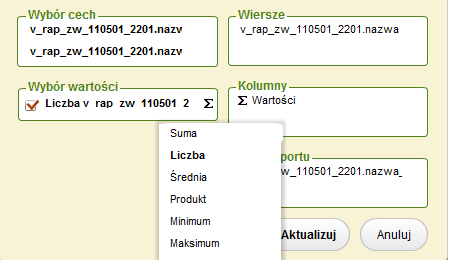 Następnie w okienku Wybór wartości należy wybrać wartość Suma i kliknąć przycisk Aktualizuj.