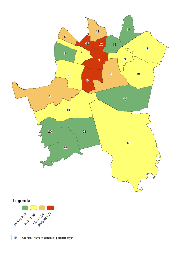 Bardzo wysoka koncentracja mieszkańców Katowic w wieku 75+ obejmuje następujące dzielnice: Śródmieście, wartość: 1,34, Brynów Część Wschodnia Os.