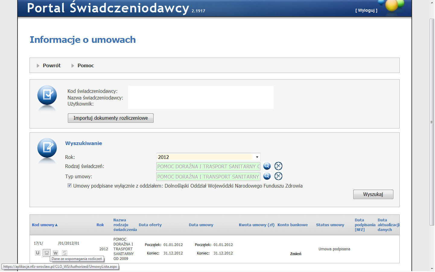 Rys. 4 4. w kolejnym widoku (rys. 4) Informacje o umowach wyszukujemy właściwy kod (numer) umowy z roku 2012 korzystając np. w zal.