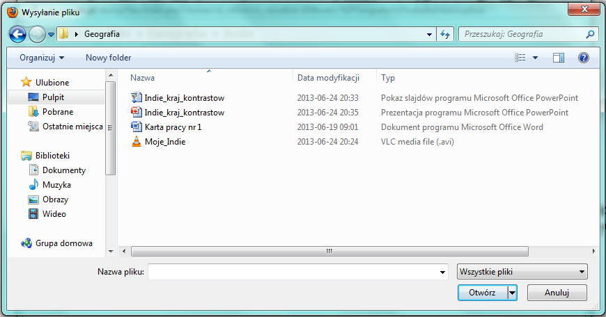 Tworzymy/wybieramy folder np. Indie, w którym chcemy zamieścić plik strona 13 PRZEŚLIJ PLIK PRZEGLĄDAJ Wskazujemy lokalizację pliku np.