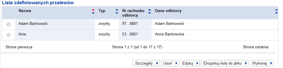 Szablony www.deutschebank.pl > > Transakcje > Szablony Po wybraniu sekcji Szablony w systemie pojawi się strona, która zawiera listę zdefiniowanych przez Ciebie szablonów przelewów.