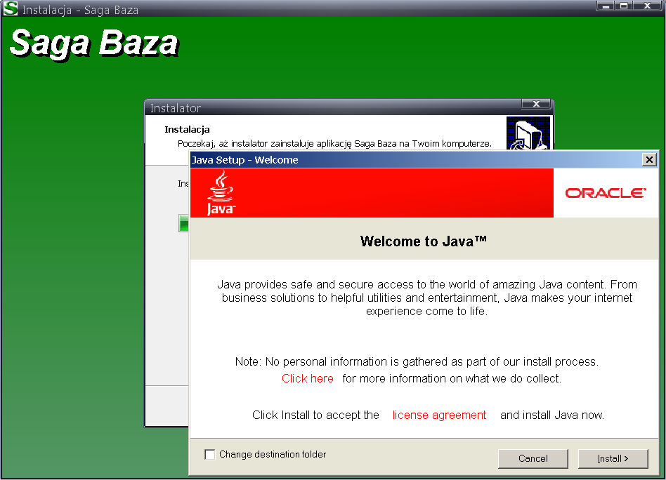 Instalacja JRE (Java Runtime Environment) Jeżeli instalator nie wykryje zainstalowanej JRE