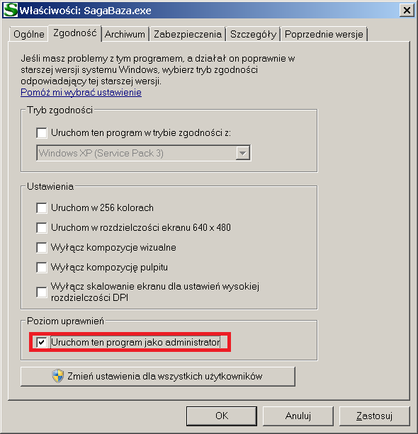 b) W systemach w których występuje ograniczenie kontroli użytkownika należy ustawid opcję Uruchom ten program jako