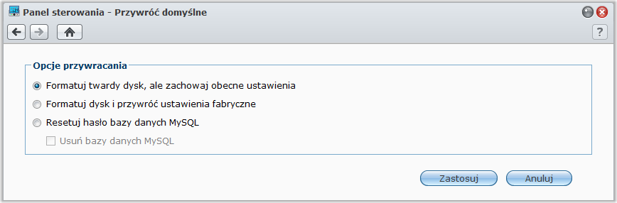 Przywracanie ustawień fabrycznych serwera Synology DiskStation Synology DiskStation Przewodnik użytkownika Aby przywrócić ustawienia domyślne serwera Synology DiskStation, przejdź do sekcji Menu