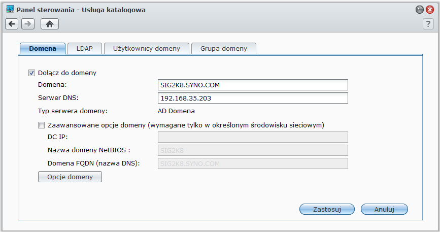 Dołączanie serwera DiskStation do usługi katalogowej Przejdź do pozycji Menu główne > Panel sterowania > Usługa katalogowa, aby dołączyć serwer Synology DiskStation do usługi katalogowej jako klienta